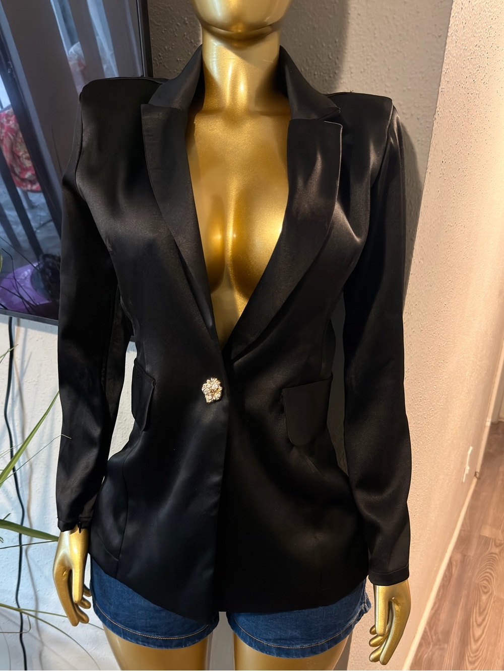 Splash Black Satin Single-Button Blazer with Decorative Jewel